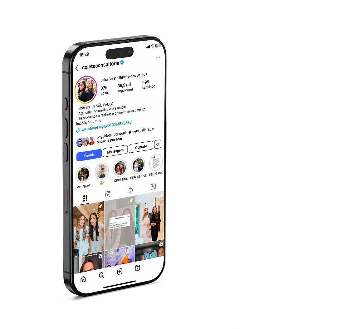 Celular mostrando o perfil @coleteconsultoria no Instagram